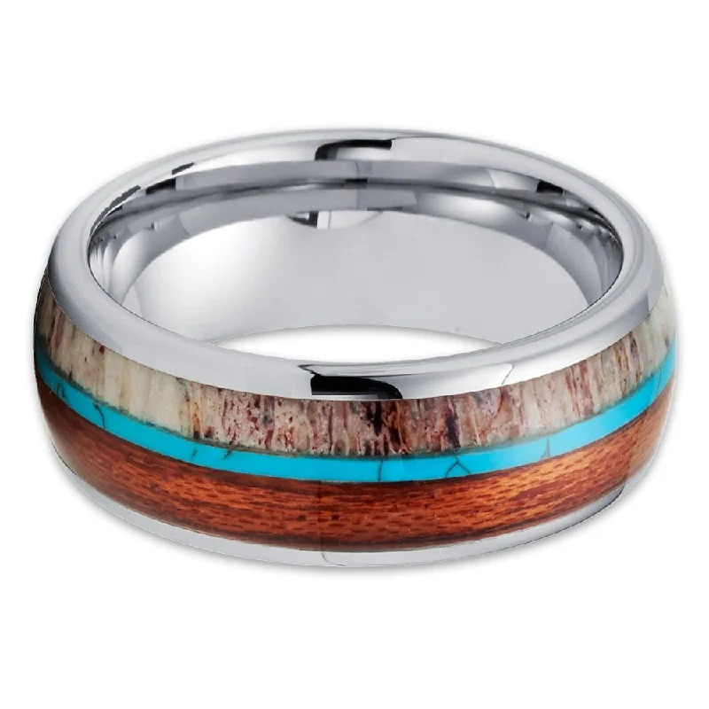 Affordable gold engagement rings for women -Deer Antler Tungsten Wedding Ring 8Mm Turquoise Koa Wood Comfort Fit - Silver