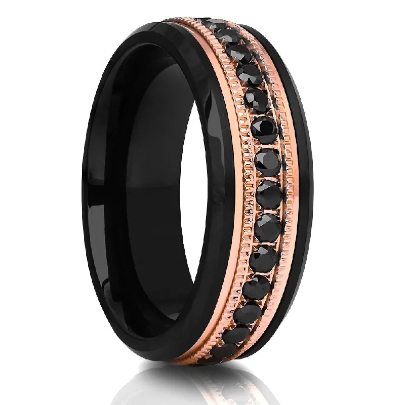 Large gemstone engagement rings for women -8Mm Black Tungsten Ring Rose Gold Mens Wedding Band Comfort Fit Cobalt Free