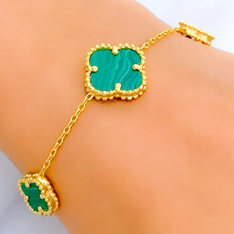 Gold cuff bracelets for women -Graceful Malachite 21k Gold Clover Bracelet