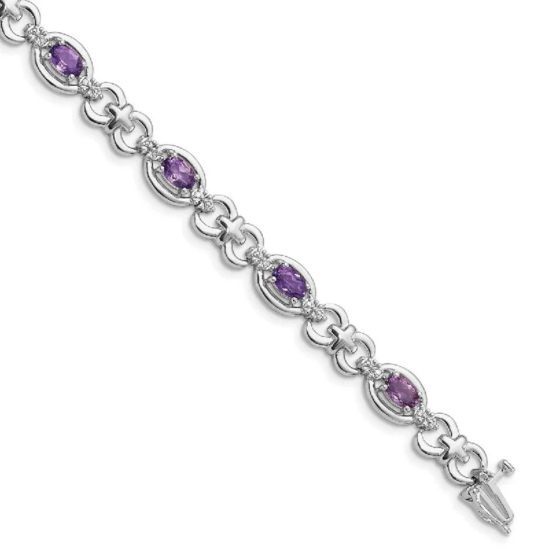 Designer bangles for women -Curata 925 Sterling Silver Polished Box Catch Closure Diamond and Amethyst Bracelet