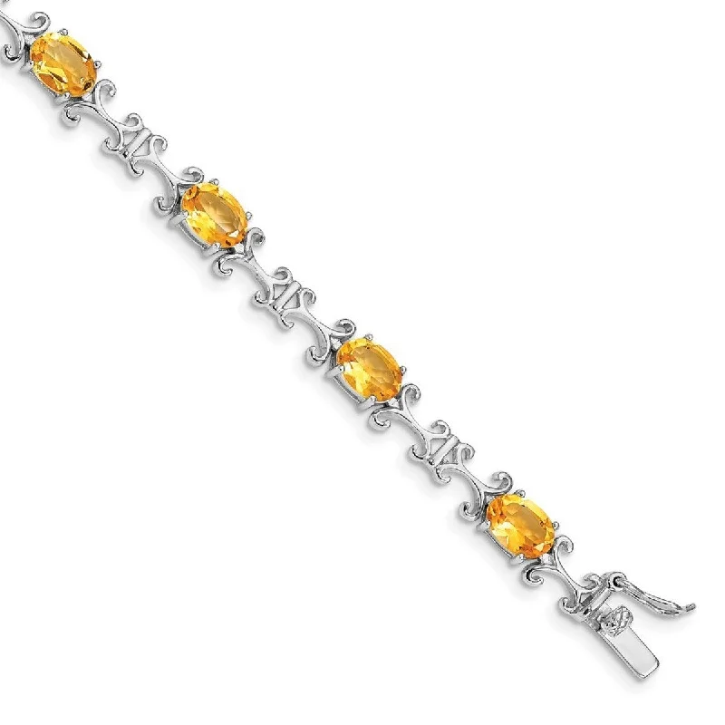 Wide bangles for women -Curata 925 Sterling Silver Polished Box Catch Closure Citrine Oval Bracelet