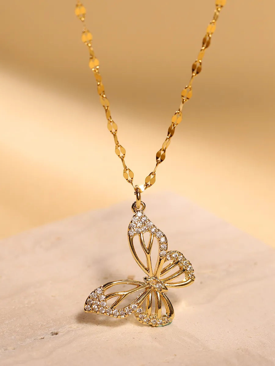 Sparkling necklaces for women -Elegant Butterfly Stainless Steel Plating Inlay Zircon 18k Gold Plated Necklace