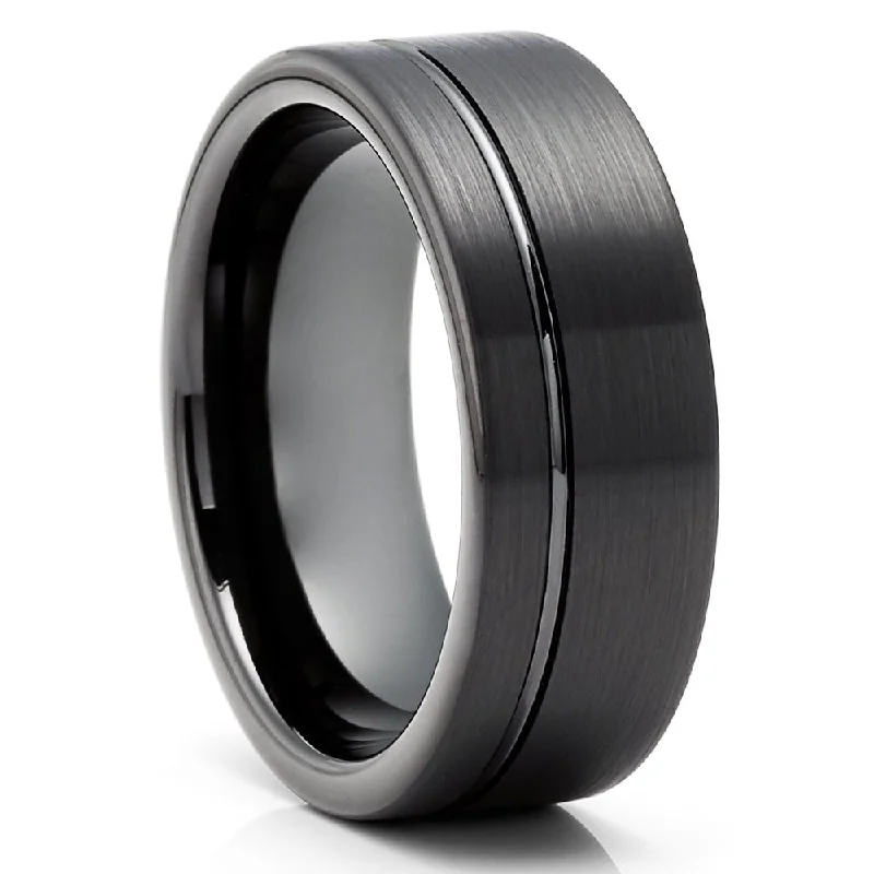 Custom-designed diamond engagement rings for women -Black Tungsten Wedding Ring 8Mm Comfort Fit Cobalt Free Mens Ring