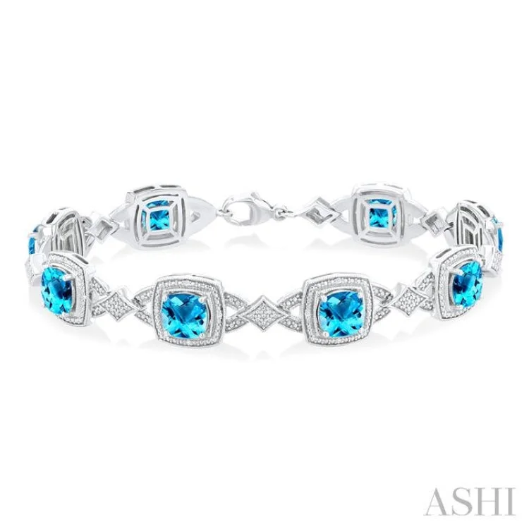 Bangle bracelets for women -1/10 ctw Cushion Cut 7X7MM Blue Topaz and Round Cut Diamond Semi Precious Bracelet in Sterling Silver