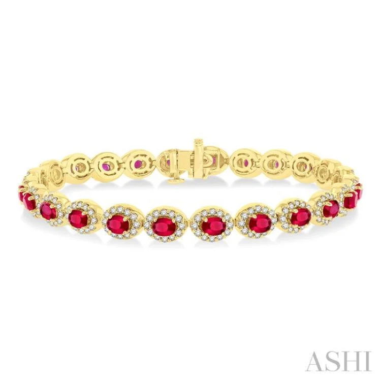 Charm bracelets for women -2 1/6 ctw Oval Cut 4X3MM Ruby and Round Cut Diamond Halo Precious Tennis Bracelet in 14K Yellow Gold