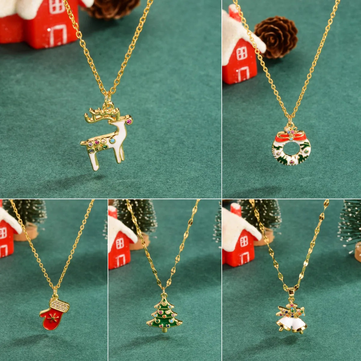 Silver chain necklaces for women -Copper 18K Gold Plated Enamel Christmas Tree Elk Zircon Pendant Necklace