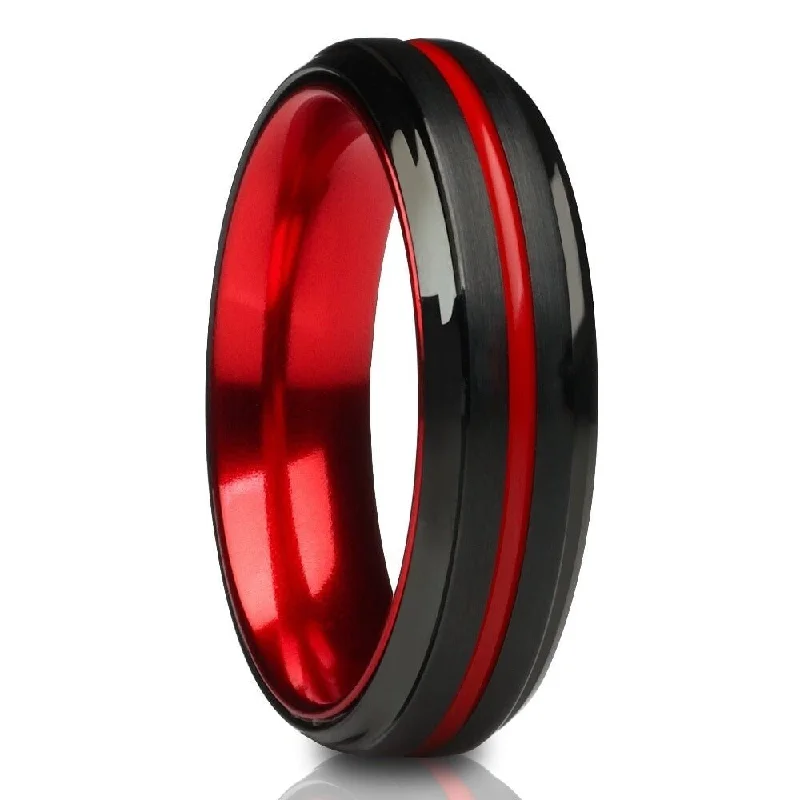 Classic diamond engagement rings for women -Black Tungsten Wedding Ring 6Mm Red Groove Comfort Fit Cobalt Free Jewelry Grade