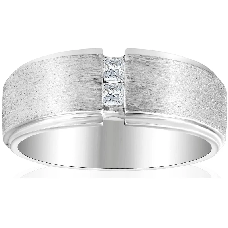 Solitaire engagement rings for women -Mens White Gold Brushed Princess Cut Diamond Wedding Ring