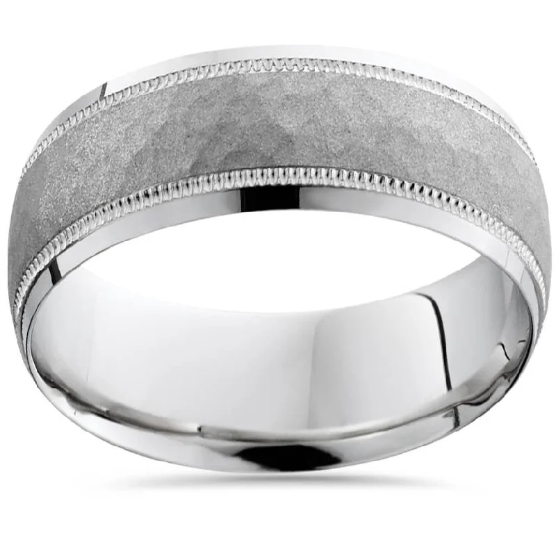 Vintage-style engagement rings for women -Hammered 10k White Gold 8mm Wedding Mens Band