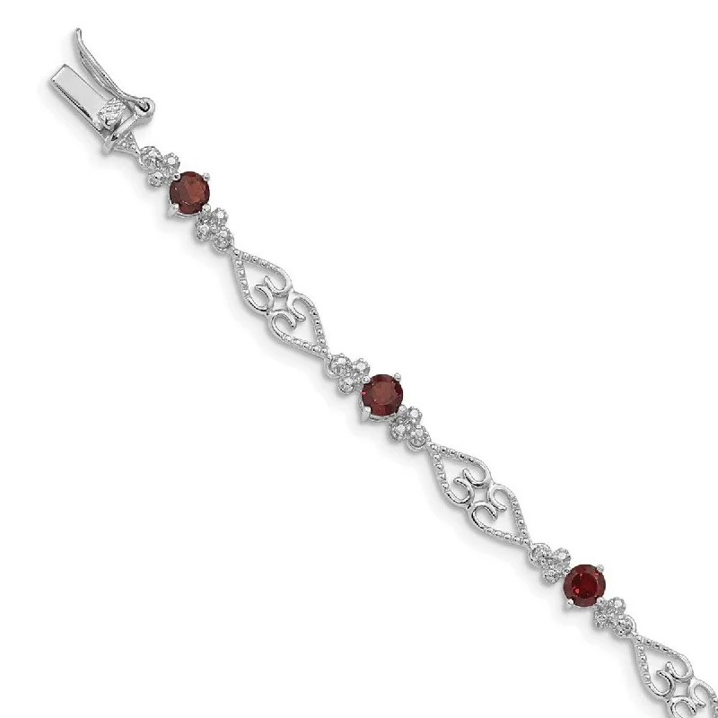 Adjustable diamond bracelets for women -Curata 925 Sterling Silver Polished Open back Box Catch Closure Diamond Garnet Bracelet