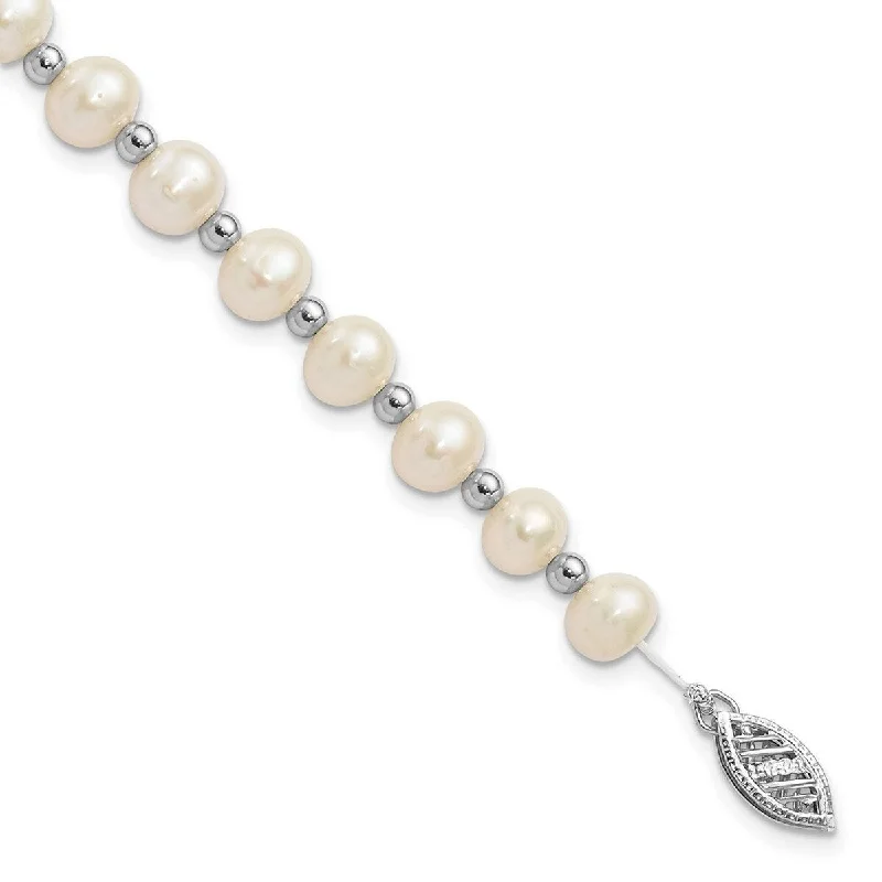 Chunky bracelets for women -Curata 14k White Gold Pearl clasp Bead and 6 7mm White Freshwater Cultured Pearl Bracelet 7 Inch