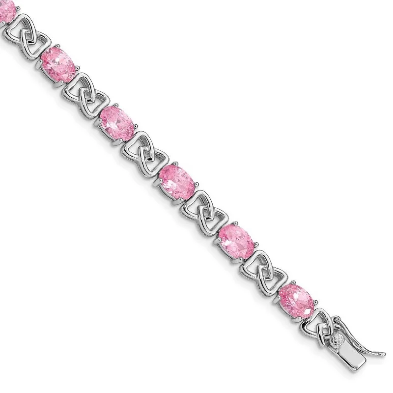 Leather bangle bracelets for women -Curata 925 Sterling Silver Polished Safety bar Pink CZ Cubic Zirconia Simulated Diamond Bracelet 7 Inch Box Clasp