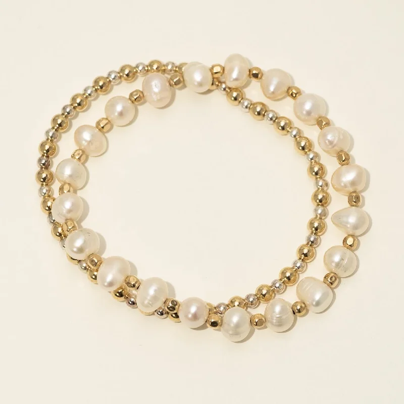 Statement bracelets for women -Dee Berkley "Bride Tribe" Cultured Freshwater Pearl with 14kt Gold Filled Bead Two Bracelet Bridal Gift Box Set (4mm pearls)