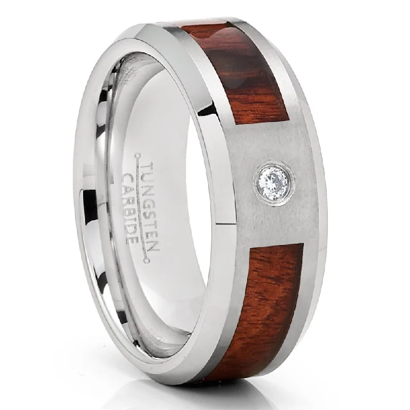 Platinum solitaire engagement rings for women -Koa Wood Tungsten Carbide Wedding Ring 8Mm Cz Inlay Comfort Fit Sizes 712 - Silver