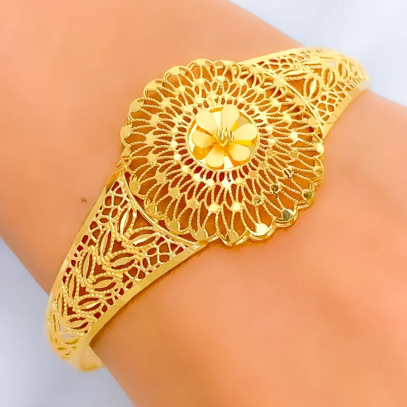 Beaded bangles for women -Elegant Netted Flower 22k Gold Bangle Bracelet