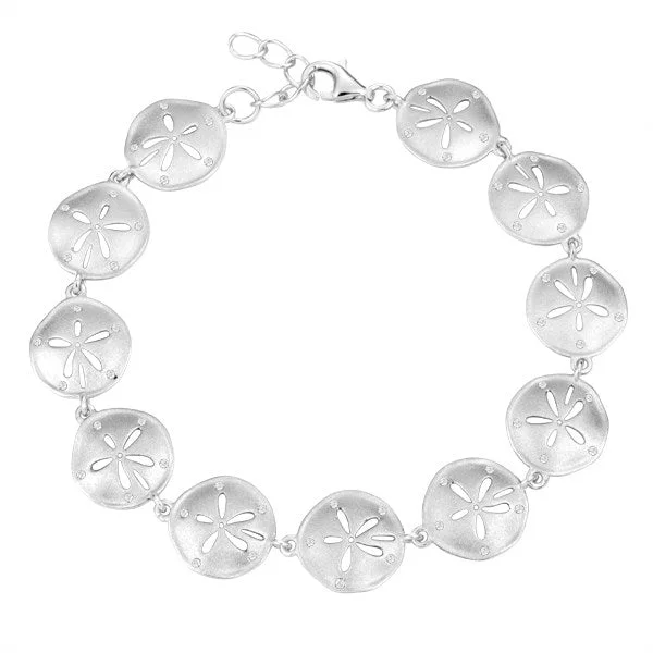 Modern bangles for women -Life@Sea Genuine Sterling Silver Sandblasted Sand Dollar Bracelet with Cubic Zirconia Accents