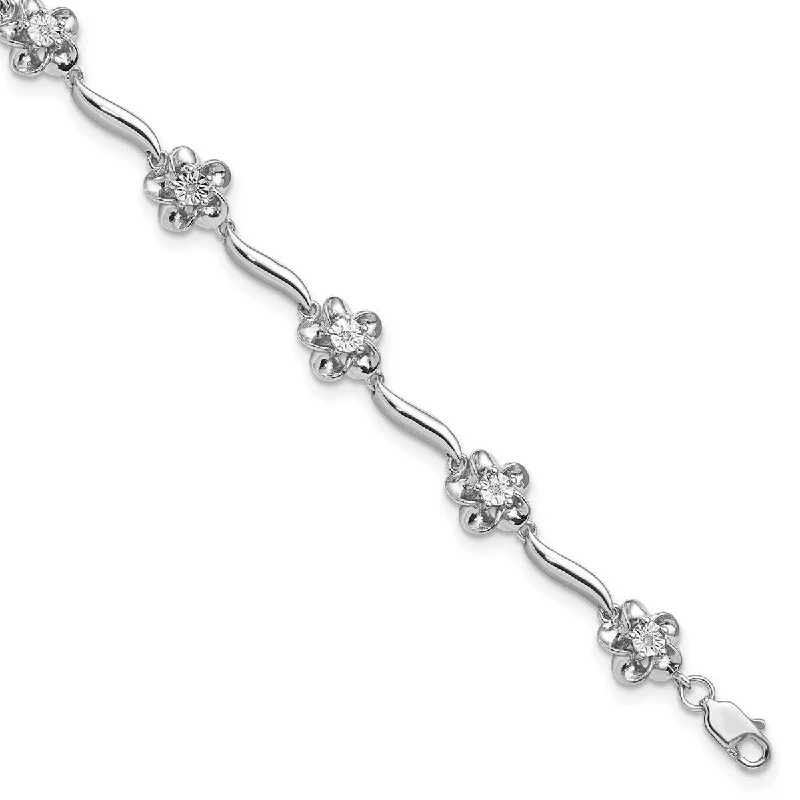 Fashion bracelets for women -Curata 8mm 925 Sterling Silver Rhodium Plated Floral Diamond Bracelet