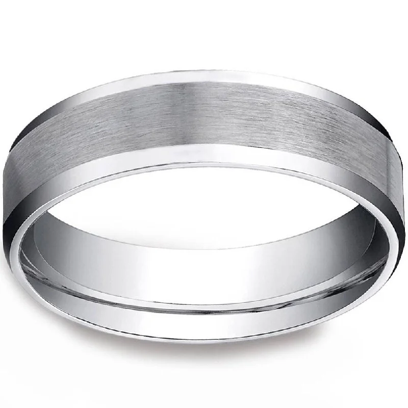 Modern halo engagement rings for women -Men's White Gold 6mm Plain Wedding Band with Satin Center and Beveled Sides