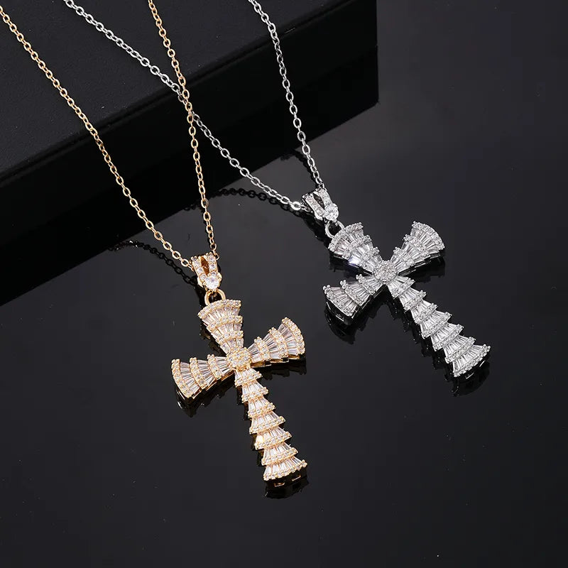 Statement pendant necklaces for women -Hip-Hop Vintage Style Simple Style Cross Copper Plating Inlay Zircon K Gold Plated Rhodium Plated Men'S Pendant Necklace