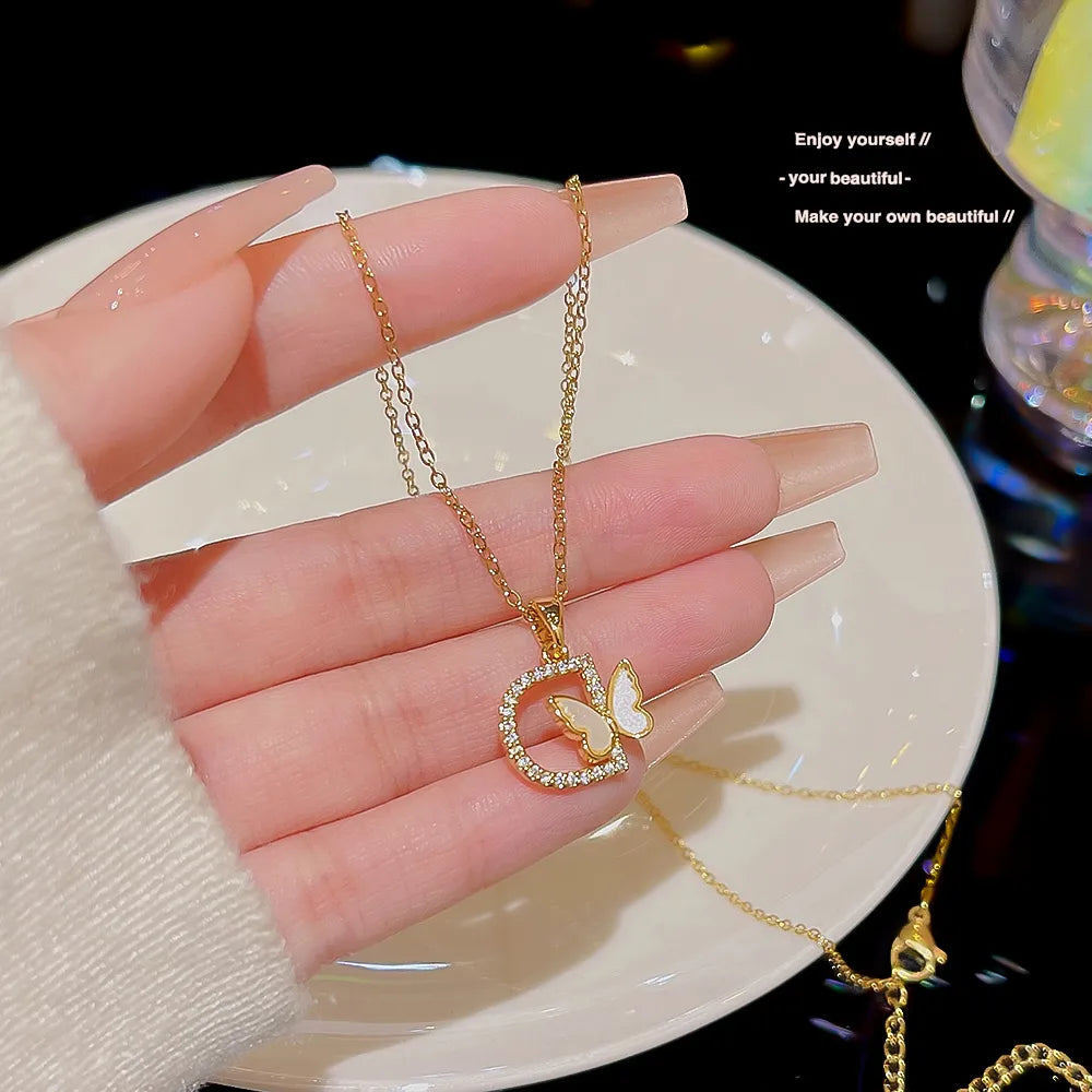 Ruby necklaces for women -304 Stainless Steel Copper Inlay Letter Butterfly Zircon Pendant Necklace