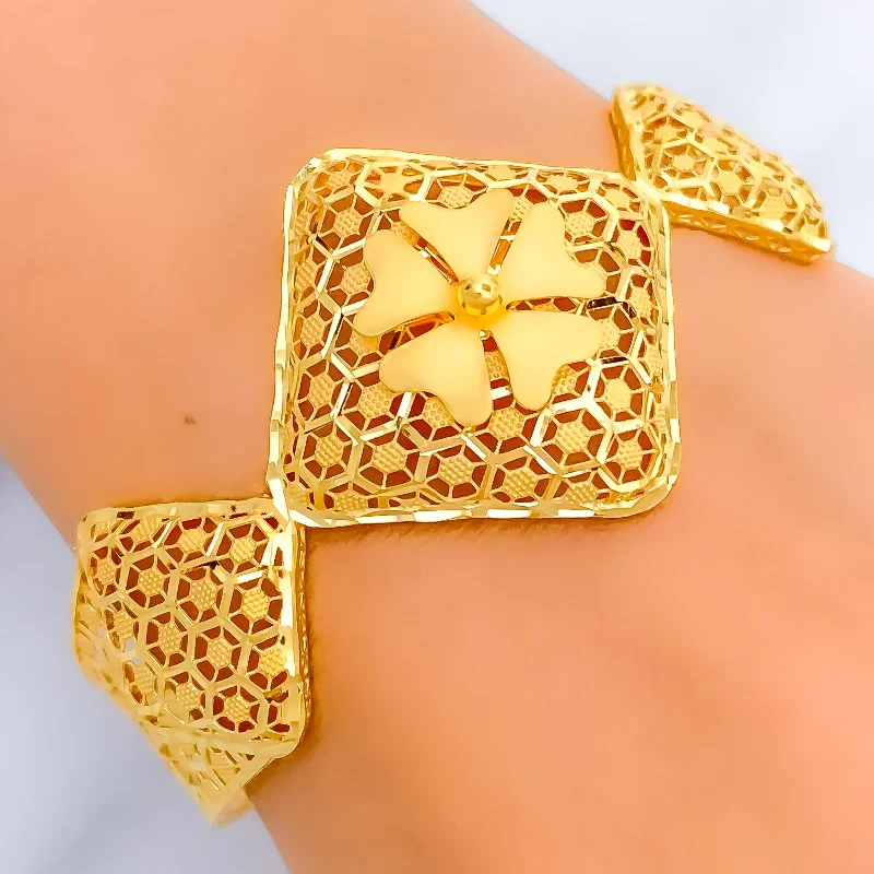 Antique bracelets for women -Geometric Netted Floral 22k Gold Bangle Bracelet