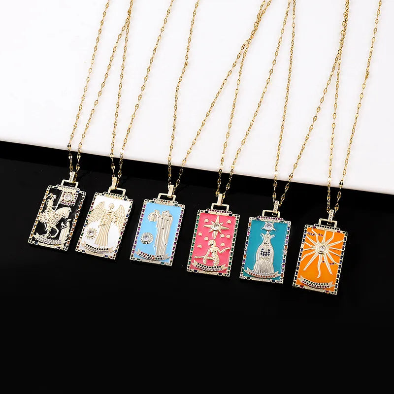 Gold link necklaces for women -Copper Enamel Card Zircon Pendant Necklace