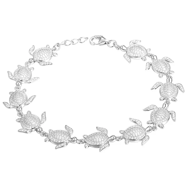 Bangle sets for women -Life@Sea Genuine Sterling Silver & Pave Cubic Zirconia Sea Turtle Bracelet with Sandblasted Shell