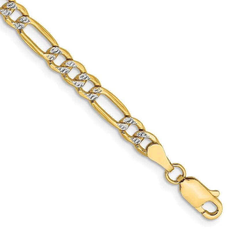 Gold bangles for women -Curata 14k Yellow Gold 3.9mm Semi solid Pave Figaro Chain Bracelet