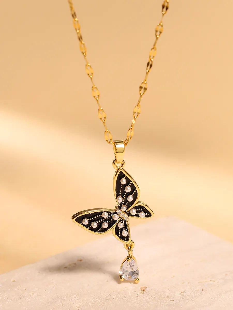 Classic pearl necklaces for women -Elegant Glam Butterfly Stainless Steel Enamel Plating Inlay Artificial Pearls Zircon 18k Gold Plated Pendant Necklace