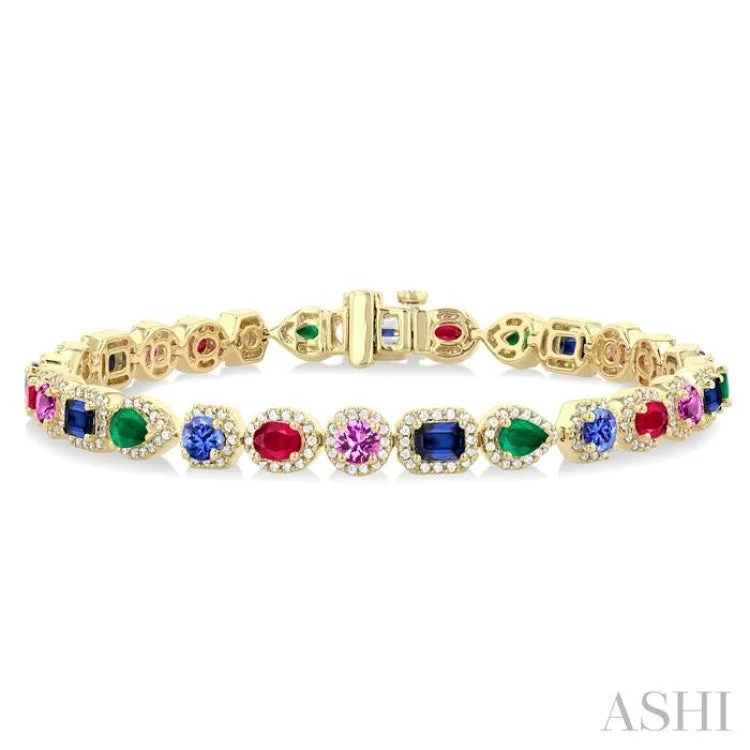 Luxury bracelets for women -4X3MM & 4MM Mixed Shape Gemstone Rainbow and 1 1/3 ctw Round Cut Diamond Halo Precious Tennis Bracelet in 14K Yellow Gold