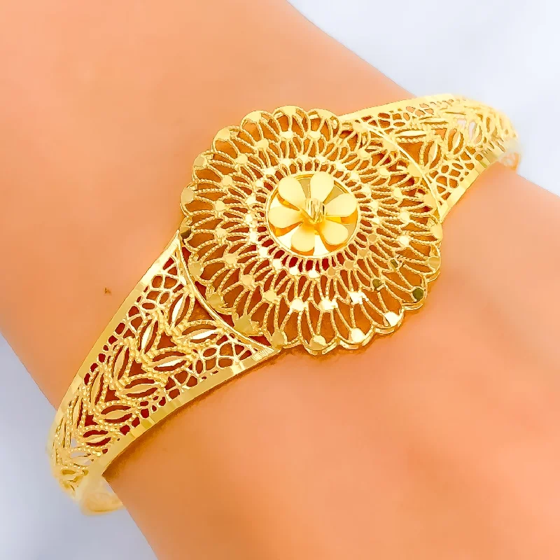 Sterling silver bracelets for women -Stylish Mesh Floral 22k Gold Bangle Bracelet