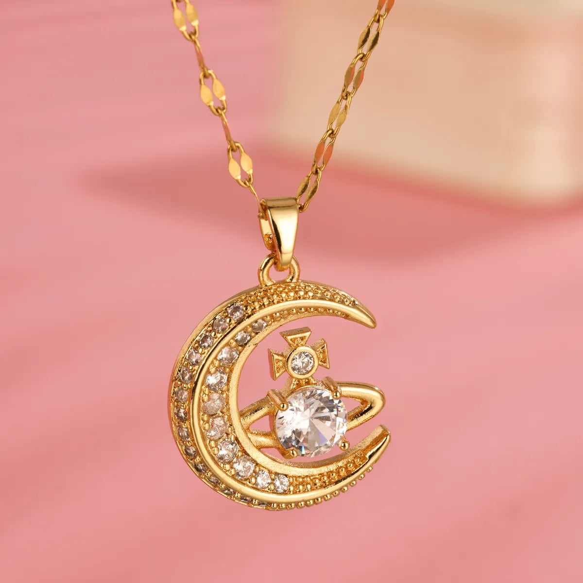 Birthstone necklaces for women -Elegant Moon Stainless Steel Plating Hollow Out Inlay Zircon 18k Gold Plated Necklace