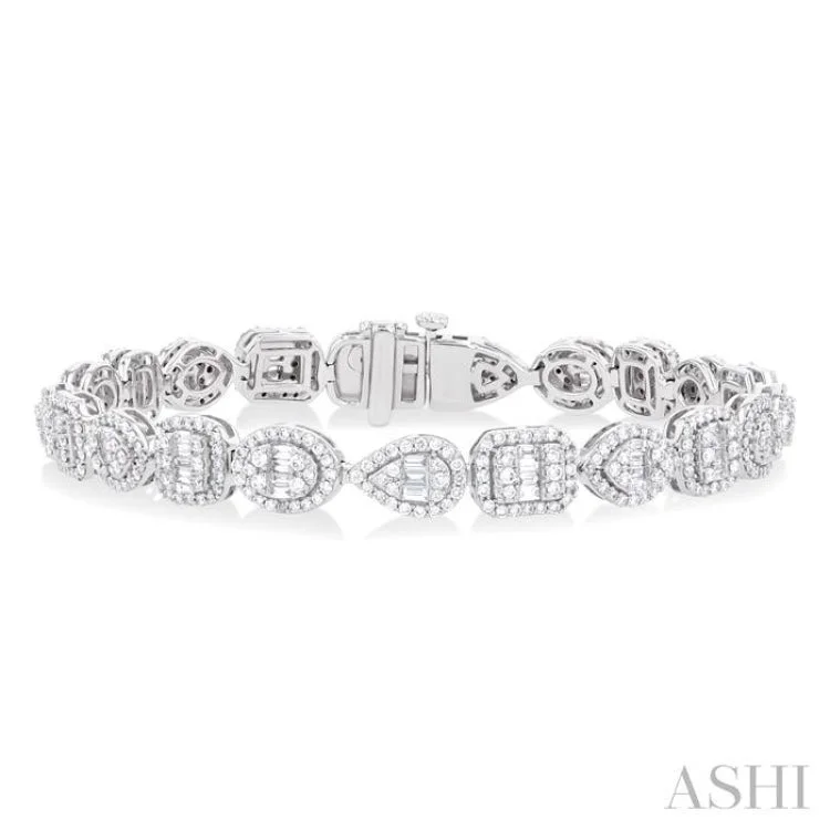 Colorful bracelets for women -3 1/5 ctw Mixed Shape Fusion Baguette and Round Cut Diamond Halo Bracelet in 14K White Gold