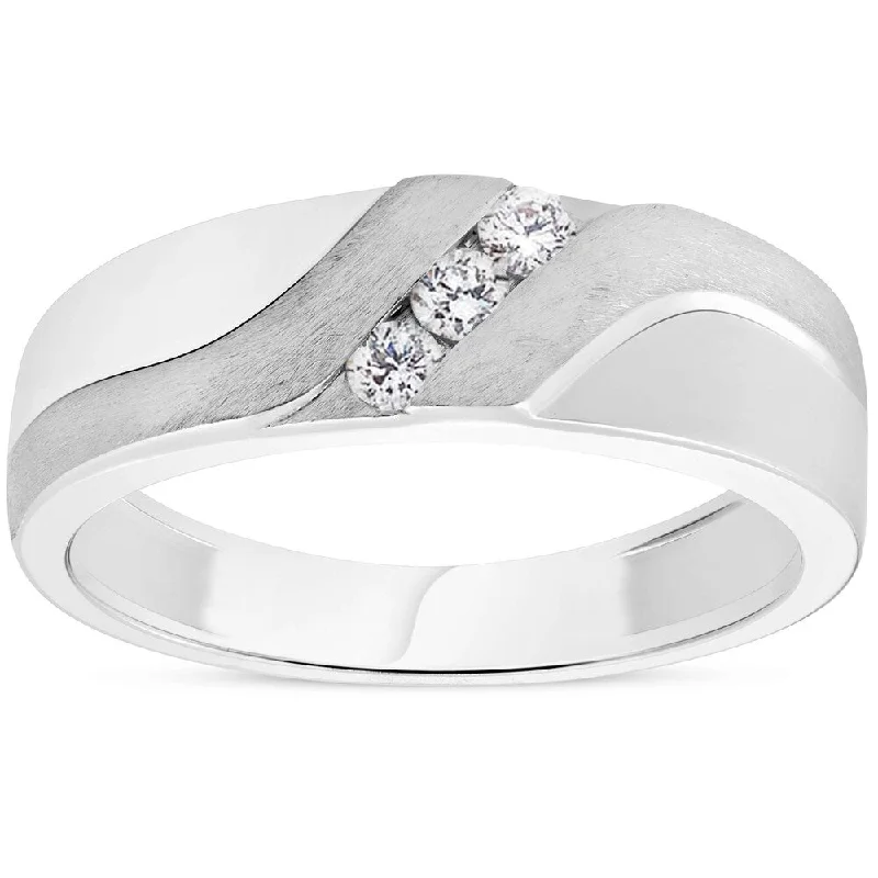 Modern halo engagement rings for women -Pompeii3 10k White Gold 1/5ct TDW Diamond Mens Brushed Wedding Three Stone Ring Band