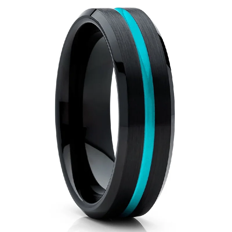 Classic engagement rings with diamonds for women -Turquoise Inlay Black Tungsten Wedding Ring 6Mm Comfort Fit Tungsten Carbide