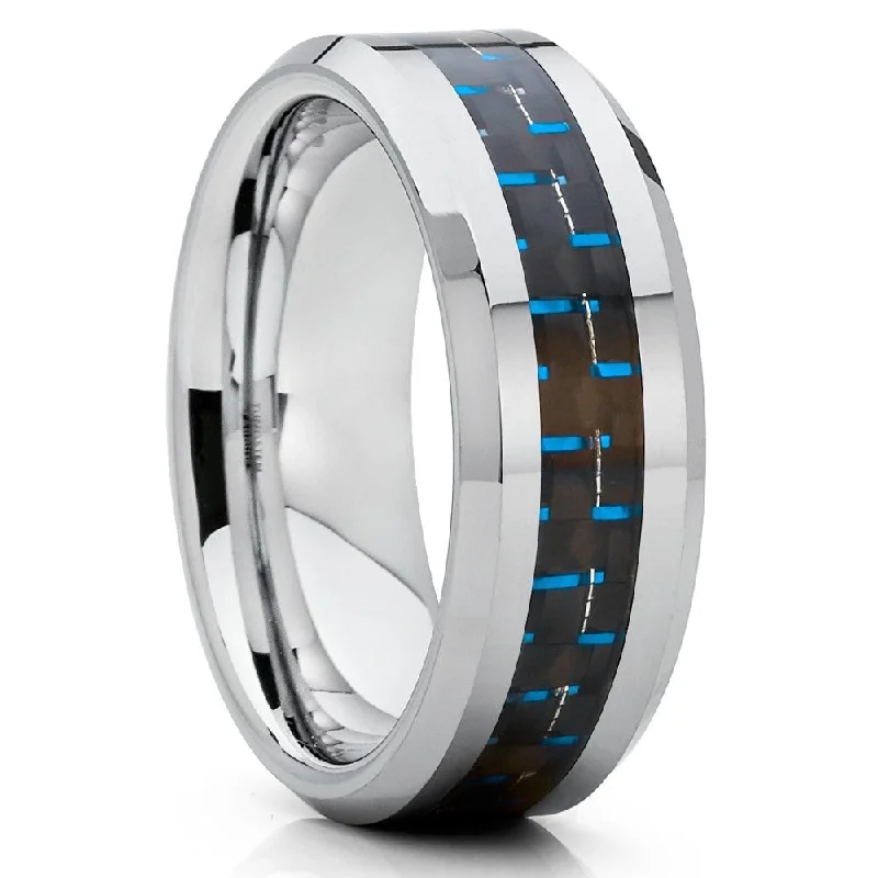 Engagement rings with mixed metals for women -Tungsten Carbide Carbon Fiber Wedding Ring 8Mm Comfort Fit Silver