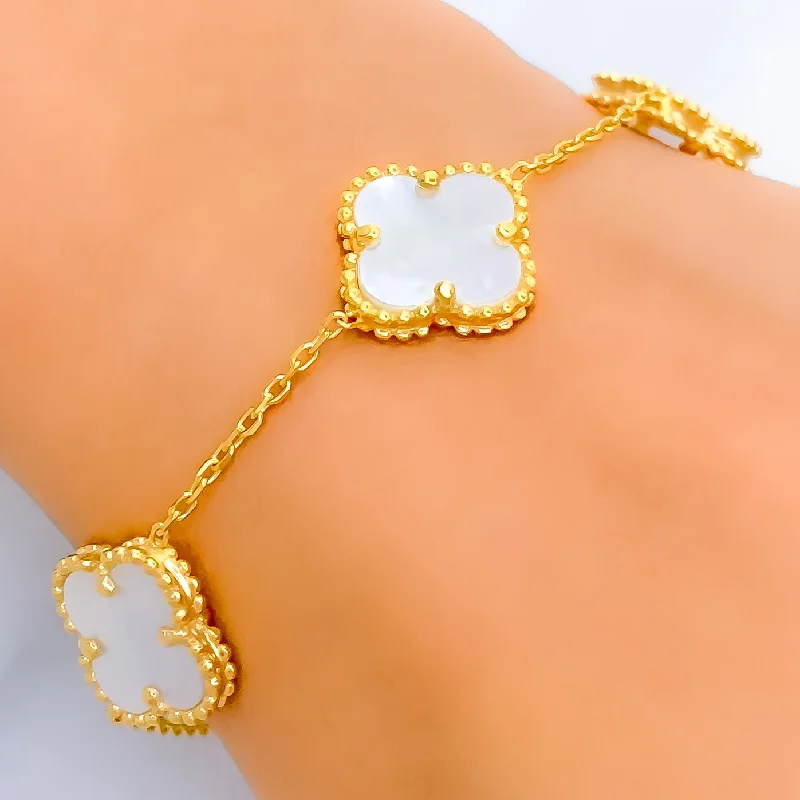 Luxury silver bracelets for women -Decorative Mother Of Pearl 21k Gold Clover Bracelet