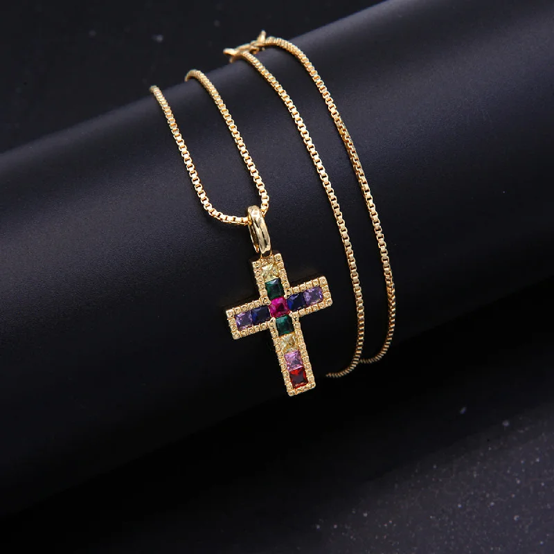 Elegant chain necklaces for women -Vintage Style Cross Copper 18k Gold Plated Corundum Gem Zircon Pendant Necklace In Bulk