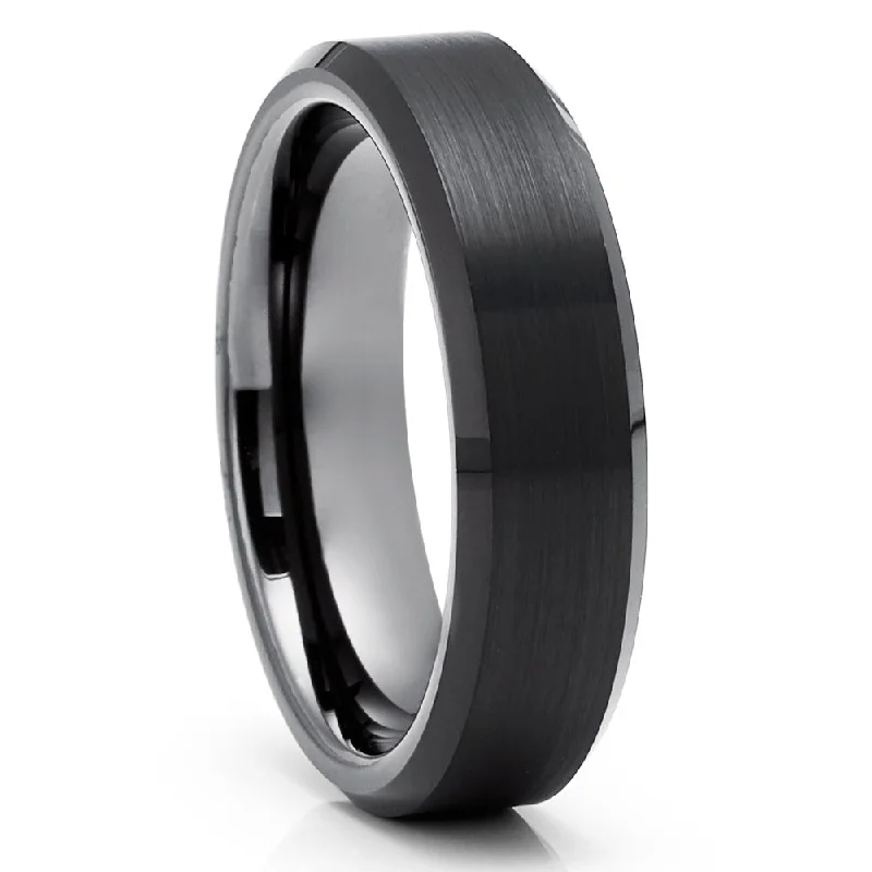 High-end engagement rings for women -Black Tungsten Carbide Wedding Ring 6Mm Comfort Fit Gunmetal Beveled Edge