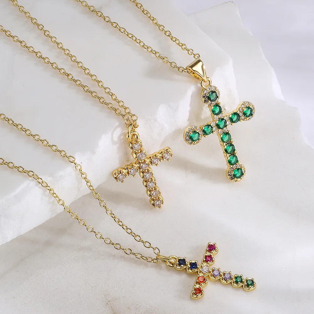 Fashionable gold necklaces for women -Fashion Cross Copper Gold Plated Zircon Pendant Necklace 1 Piece