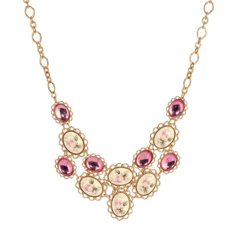 Elegant pearl necklaces for women -1928 Jewelry Ceramic Rose & Pink Stone Bib Necklace 15" + 3" Extension