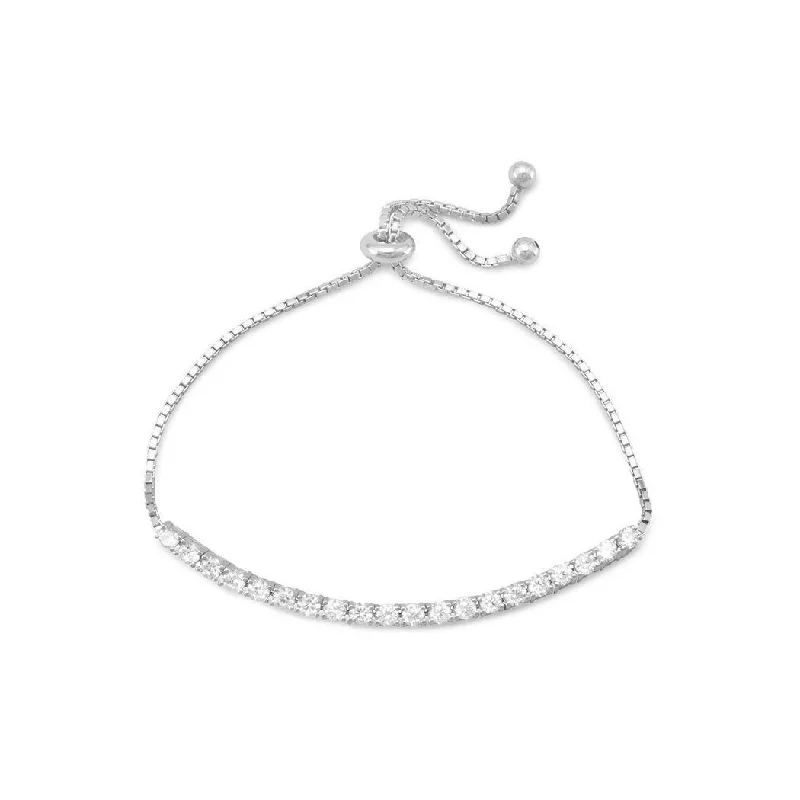 Statement bangles for women -Curata Adjustable Rhod. P. 925 Sterling Silver Box Chain Bracelet 3.75 Inch CZ Cubic Zirconia Simulated Diamond Bar Cubic