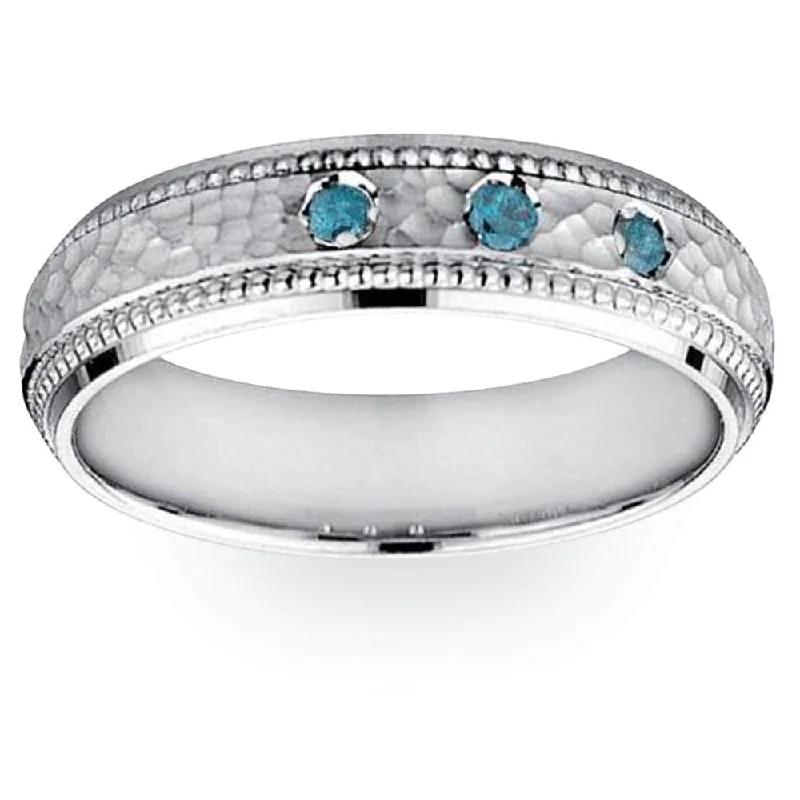 Classic diamond engagement rings for women -Mens Blue Diamond Hammered White Gold Wedding Band